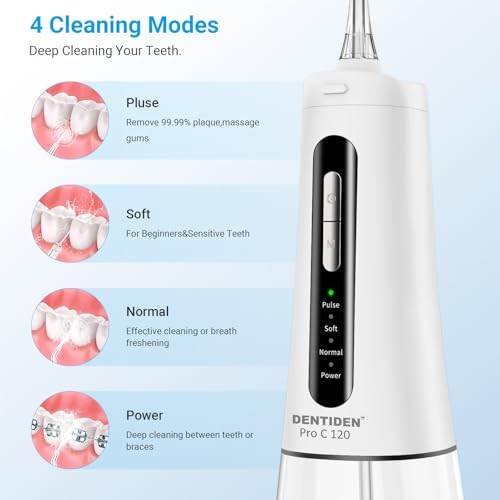 Dentiden Pro C 120 | Portable Dental Flosser with 4 Nozzles, IPX7 Waterproof | Cordless, Rechargeable, 300ml Tank, 4 Cleaning Modes, 120 PSI Pressure, 45 Days Usage | 4 Operating Modes | Oral Irrigator