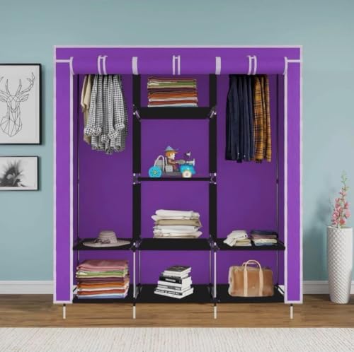 Image of Collapsible Wardrobe Closet for Clothes Storage, 8 Shelf Portable Fabric Almirah, Foldable Clothes Organizer with Plastic Frame, Space Saving Cupboard for Bedroom (Purple)
