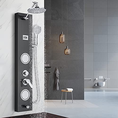 TTICCTIY Panneau de douche en acier inoxydable Noir 4 fonctions Système de douche avec douche à effet pluie Buse d'hydromassage cascade Douche à main Salle de bain Montage mural Panneau de douche Cover