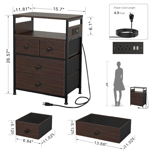 Image of REAHOME Nightstand with Charging Station and LED Light, Tall Brown Night Stand with 4 Drawers and 2-Tier Shelf, Modern End Table with Wooden Top for Bedroom, Living Room, Hallway - Rustic Brown