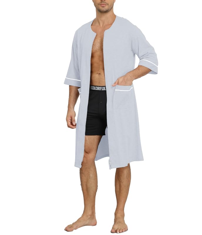 COLORFULLEAF Peignoir léger 100 % coton pour homme avec fermeture éclair en sauna, peignoir pour homme avec poche