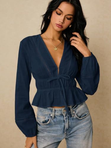 Image of Shasmi Women's Solid Deep V Neck Cotton Long Bishop Sleeve Drawstring Waist Ruffle Hem Peplum Top | Blouse | Casual Boho Cottagecore Shirt for Office, Vacation & Daily (Top 304)