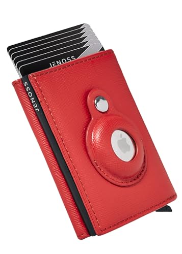 Jenoss Smart AirTag Wallet for Men & Women: Full Grain Leather, Black Pop Up Case, Slim, RFID Blocking, Credit Card Holder Apple Air Tag Tracker Trifold Minimalist 12 Slot ID (Red & Black)