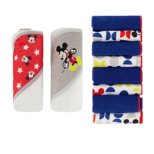 Image of Disney Hooded Baby Towel and Baby Washcloths | Nursery Character Baby Towels and Washcloths | 2 Baby Bath Towels and 8 Washcloths for Baby Girls or Boys