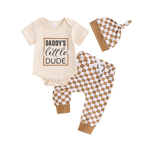 Image of BeQeuewll Newborn Boy Clothes Cute Letter Print Shirt Romper Baby Pants with Hat Clothing Set Boy Coming Home Outfit 3Pcs