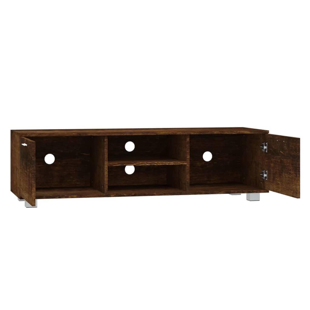 Szafka pod telewizor, dąb wędzony, 140 x 40,5 x 35 cm, materiał drewnopochodny z 4 przegródkami, otworami na kabel, miejsce do przechowywania do salonu, niski, kredens, tablica na media