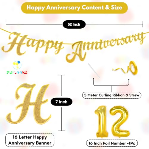 Image of Flyloons 12th Happy Anniversary Banner Gold Decorations Kit for Men Women Wedding Anniversary Banner Items without Balloons