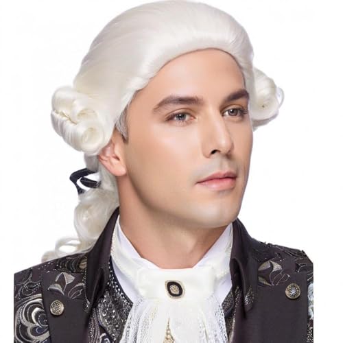 Cariniss Colonial Wig for Men - 18th Century Gentleman Curly Ponytail Wig Ideal for Halloween Cosplay Historical Costumes and Theater Performances (White)