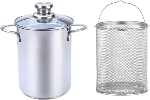 Cooking Pots,4.2L Asparagus Pot 304 Stainless Steel Asparagus Vegetable Steamer Pasta Cooker, Oil Deep Fry Pan Wit Basket and Lid for Home Kitchen Restaurant Cookware (Silver)