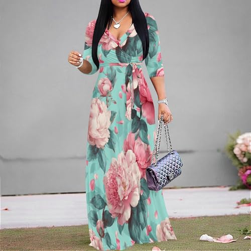 Image of SUZONANA Plus Size Dresses for Women Floral Print Maxi Dress Flowy 3 /4 Sleeve with Belt
