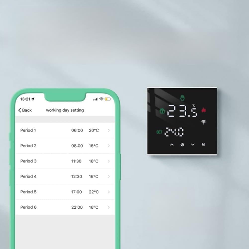 WiFi Thermostat Heating & Hot Water, Programmable Touchscreen Temperature Controller with and for Tuya App, For Electric Floor Heating 16A and Gas Boiler 3A, Black