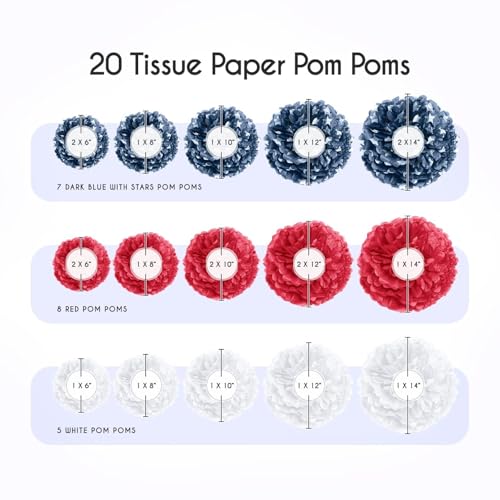 Image of EpiqueOne 20-Piece Tissue Paper Pom Poms Party Decoration Kit - Blue, Red & White | Different Sizes - 6 inch, 8 inch, 10 inch, 12 inch & 14 inch | Ideal for Birthdays, Bridal or Baby Showers, Weddings, Graduation & More