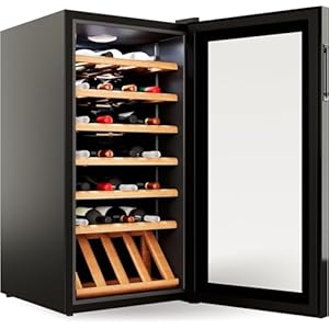 Weinkühlschrank 28 Flaschen (90L) mit eleganter Glastür & hochwertigen Regalen aus Buchenholz | 5-18°C, vibrationsarm & leise (40dB) | Weinschrank mit LED Display – Tolles Geschenk