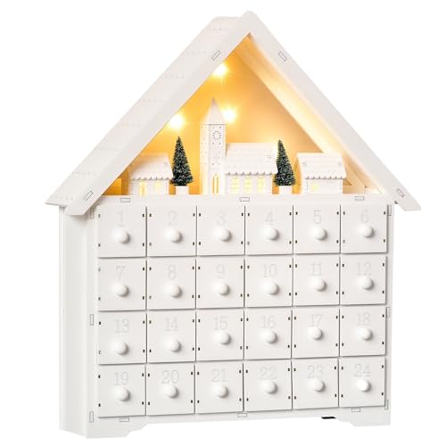 HOMCOM Calendario de Adviento de Navidad Madera con 24 Cajones y Luces LED Decoración Navideña Modelo Casita 39x9x42 cm Blanco