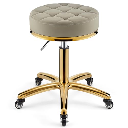 Rolling Stool Vanity Stool with Wheels, 360 ° Rolling Rotation Salon Chair, Round Leather Cushion Beauty Chair, Titanium Gold Base, Height Adjustable 47-64 cm (Grey)