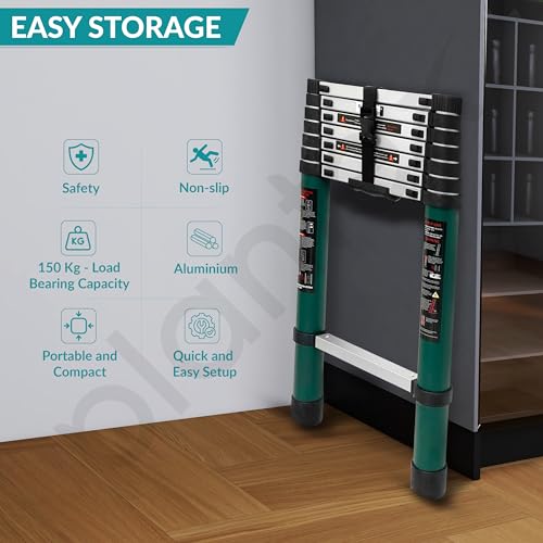 Image of Plantex 2m (6.5 ft.) Aluminium Telescopic Ladder /7-Steps Portable Ladder with Removable Hooks /Foldable Multipurpose Collapsible Ladder for Home & Outdoor Use /2 Years of Warranty - (Green)
