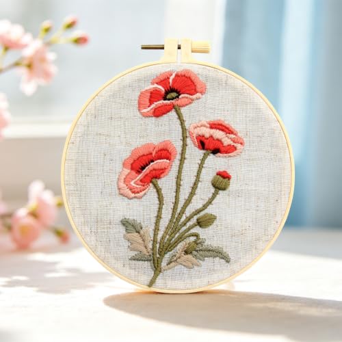 Image of Vintage Flowers Embroidery Kits for Beginners Adults, Floral Hand Embroidery Starter Kit, Stamped Cross Stitch Kits DIY Needlepoint Kits for Beginners Adult, Embroidery Hoop, Thread and Video Tutorial