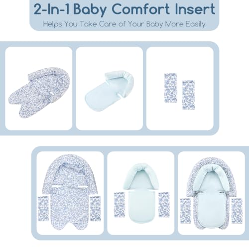 Image of Baby Car Seat Head Support for Newborn, 2 in 1 Infant Car Seat Head Body Support with Strap Pads, Soft Stroller Cushion Pillow Insert for Girls, Fits for Stroller, Swing, Blue