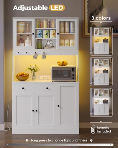 Credenza, Credenza Cucina con LED, Presa Elettrica, Ripiani Regolabili, Mobile Buffet con Cassetti, Armadio da cucina, Piano di Lavoro, Grande Spazio, Cucina, Sala da Pranzo, 103.5*40*180 cm, Bianca - immagine 6