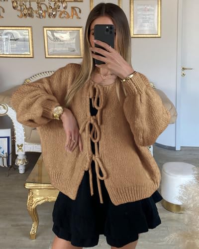 ATHMILE Women's Tie Front Bow Cardigan Sweaters Chunky Knit Long Puff Sleeve Trendy Fall Winter Jacket Coats 20254
