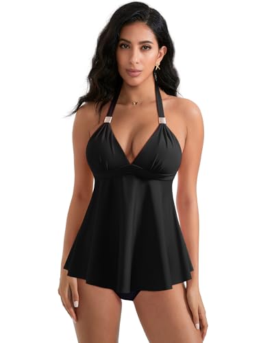 RXRXCOCO Women Halter Tankini Swimsuits Tummy Control Swimsuit Flowy V Neck Bathing Suits3