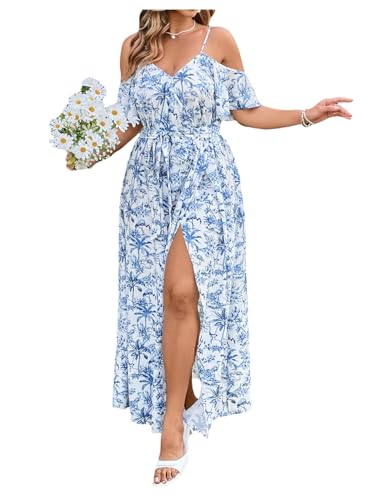 Image of Floerns Women's Plus Size Cold Shoulder Short Sleeve Split Thigh Long Dress
