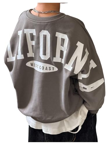 GORGLITTER Boy's Sweatshirts Fashion Letter Graphic Crewneck Long Sleeve Drop Shoulder Preppy Pullover Tops Jackets Grey 7 Years