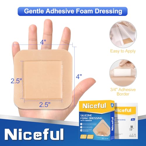 Niceful Silicone Foam Dressing 4"X4", Waterproof Silicone Bandages With Border Adhesive, High Absorbency Bed Sore Bandages Wound Care Dressing thumb #2