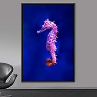 Framed Canvas Wall Art Seahorse Bedroom Colorful Jellyfish Marine Life Multicolor Neon Photography Tropical - 16x24 inches