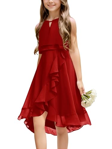 Galawaqe Kids A-Line Halter Neck Chiffon Junior Bridesmaid Dresses Fancy Girl Dress Wedding Elegant Party Gown 5-14 Years Wine Red