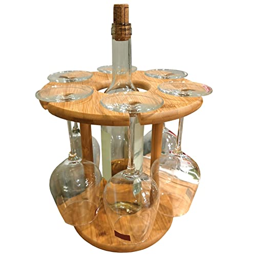 Soporte de vino de bambú para mesa, 1 botella y 6 copas miniatura 6