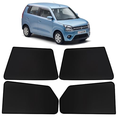Image of OTO2EYE Car Sun Shade Compatible for Maruti Suzuki WagonR Model 2019 to 2024, Z-Black Fix Type Side Window Curtains, Only Half Cut in Front Window, 4 Pieces Set