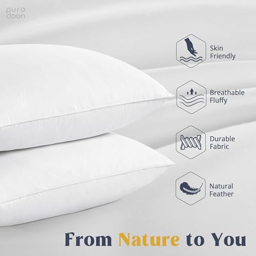 puredown® Goose Feathers and Down White Pillows with 100% Cotton Cover, Bed Sleeping Hotel Collection Pillows Set of 2, Standard Size