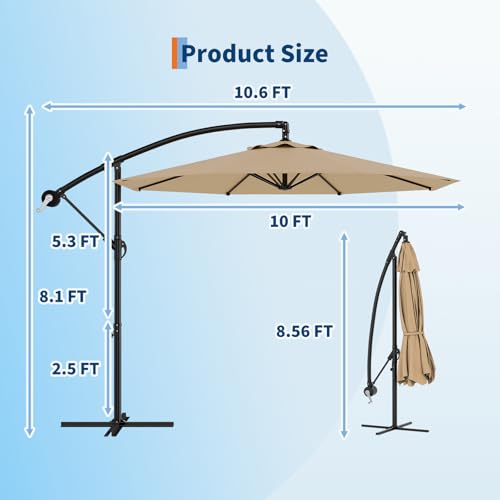 10FT Cantilever Umbrella outdoor patio, Offset Patio Umbrella with Easy Lift & Tilt Adjustment, UV Protection Fade Resistant for Deck, Pool, Garden, Tan