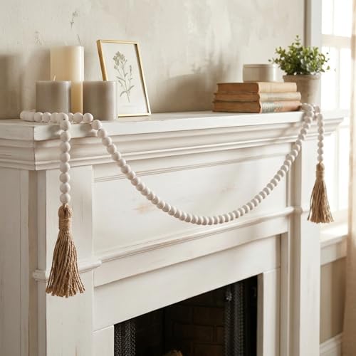 Farmhouse Beads 58in Wood Bead Boho Tassel Garland - Rustic Country Boho Chic Decor for Wall, Above Cabinet & Table