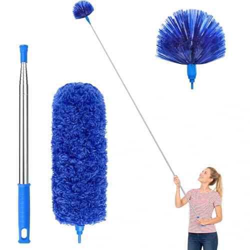 Image of Cobweb Duster with Extension Pole 100 inches, Dusters for Cleaning with 2 Duster Heads, Washable Microfiber Feather Duster for Cleaning Ceiling Fan, High Ceiling, Blinds, Furniture & Cars