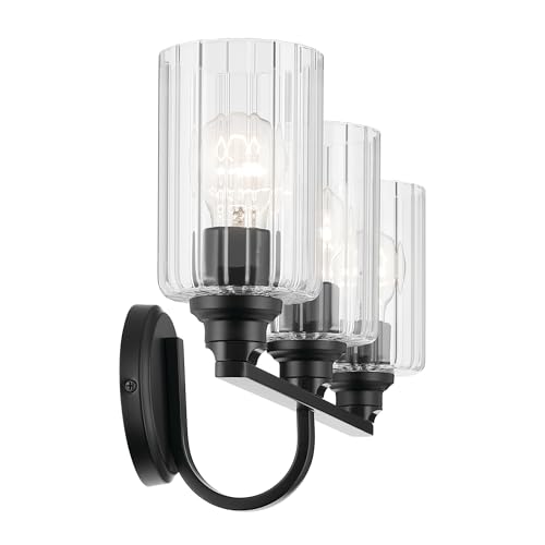 Image of Kichler Gioe 24.25 inch 3-Light Bathroom Vanity Light Fixture with Clear Fluted Glass in Black, Modern Wall Mount Over Mirror for Powder Room, Damp Rated (24.25 inch W x 10.5 inch H), 55226BKFLU