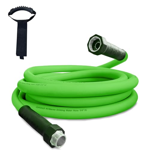 Image of Cupohus RV Water Hose 10FT, 5 /8 inch Extra Thick Wall Drinking Water Hose | Camper Water Hose, Potable Food Grade Hose with Storage Strap, Strain Relief Ends, Kink-Resistant, Marine, Car, Garden, Green