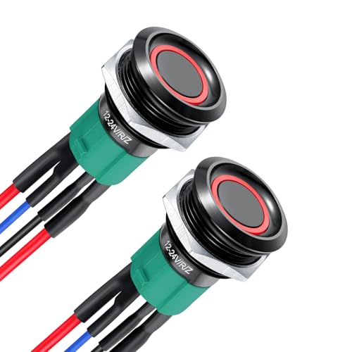 acegoo 19mm 12V Schalter Aluminium Druckschalter Rund 10A EIN/AUS SPST 12V/24V Taste vorverdrahtete Kabel für Wohnmobil Boot LKW Auto, Rotes Ringlicht (2Pcs, Schwarz)