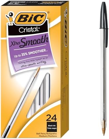 BIC MS241BK Cristal Xtra Smooth Ballpoint Stick Pen Black Ink 1mm Medium 24/Pack