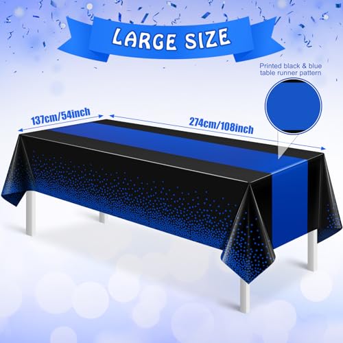 Image of MASHAN 12Pcs Black and Blue Tablecloth Party Decorations,Plastic Black Table Cloth Printed Blue Runner Disposable Rectangle Table Cover for Birthday Wedding Anniversary Graduation Party,54 x108 Inch
