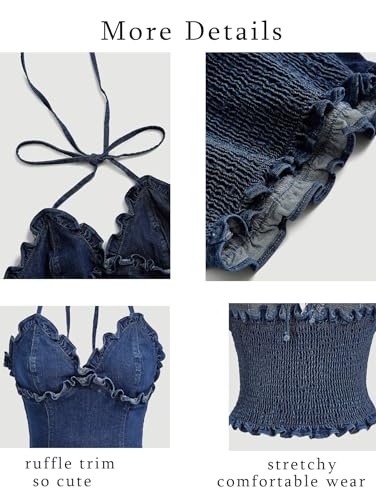 OYOANGLE Women's Frill Trim V Neck Denim Halter Top Tie Backless Shirred Jean Crop Top3