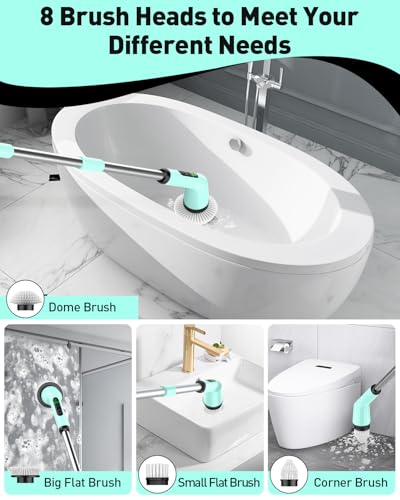 Image of Shower Scrubber with Long Handle, Bathroom Cleaner Brush with 8 Floor Machine Pads, Cordless Electric Spin Scrubber for Cleaning with 2 Speed, Cleaning Supplies for Bathtub Kitchen Floor Mint