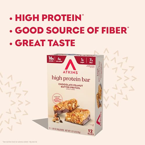 Image of Atkins Chocolate Peanut Butter Pretzel High Protein Bar, High Fiber, 16g Protein, 1g Sugar, 4g Net Carbs, Keto Friendly, 12 Count