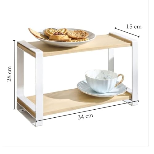 Image of Decorlay Metal & Wooden Spice Rack Organizer Space Saver Counter-top Storage for Kitchen, Bathroom, Office, and Cosmetics (White + Beech, Two - Tier)