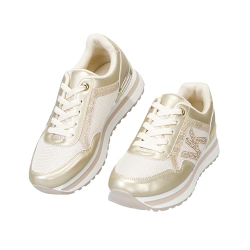 CLEIKS Baskets Femme Plateforme Respirantes Baskets Compensees Femme Casual Strass Marche Quotidienne (Doré, 38 EU, WSC260173-10)