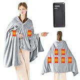 Heated Blanket Wearable Electric Blanket with 10000mAh Power Bank, Heating Throw Blanket, Double-Sided Fleece Throws for Women Men Heating Hoodie for Indoor Outdoor, Machine Washable, Grey