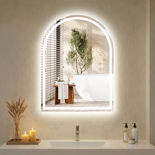 Image of NEWBULIG 24X32 Inch Arched LED Bathroom Wall Mirror with Lights, Light up Vanity Bathroom Mirror for Over Sink, Anti-Fog and Dimmable, Front Light and Backlit, Memory Function, Shatter-Proof, White