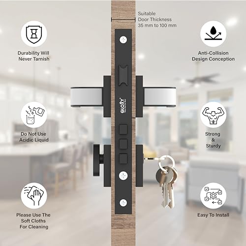 Image of GLOXY Door Lock for Home - Mortise Door Lock Set with Lock Body, Cylinder & 3 Brass Keys | Door Handle Lock for Office and Hotel | Black & White Finish (2-Year Warranty, Pack of 1)