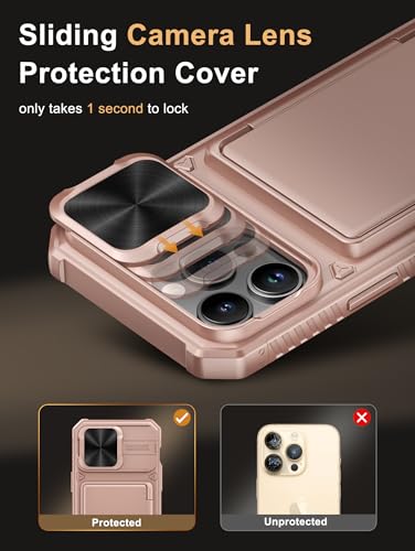 Image of Vihibii for iPhone 14 Pro Max Back Cover Wallet with Card Holder (4 Cards) [RFID Blocking] & Slide Camera Cover, Military Grade Drop Protection, Rugged Back & Silicone Edge Phone Case 6.7 inch, Rose Gold